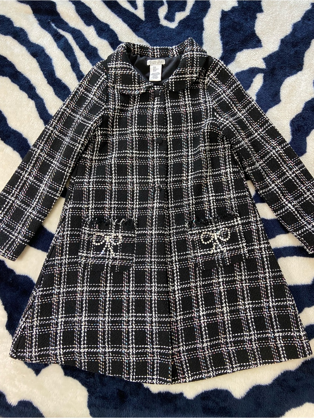 Rachel Zoe Girls Black White Plaid Tweed Bouclé Coat Metallic Peter Pan Collar